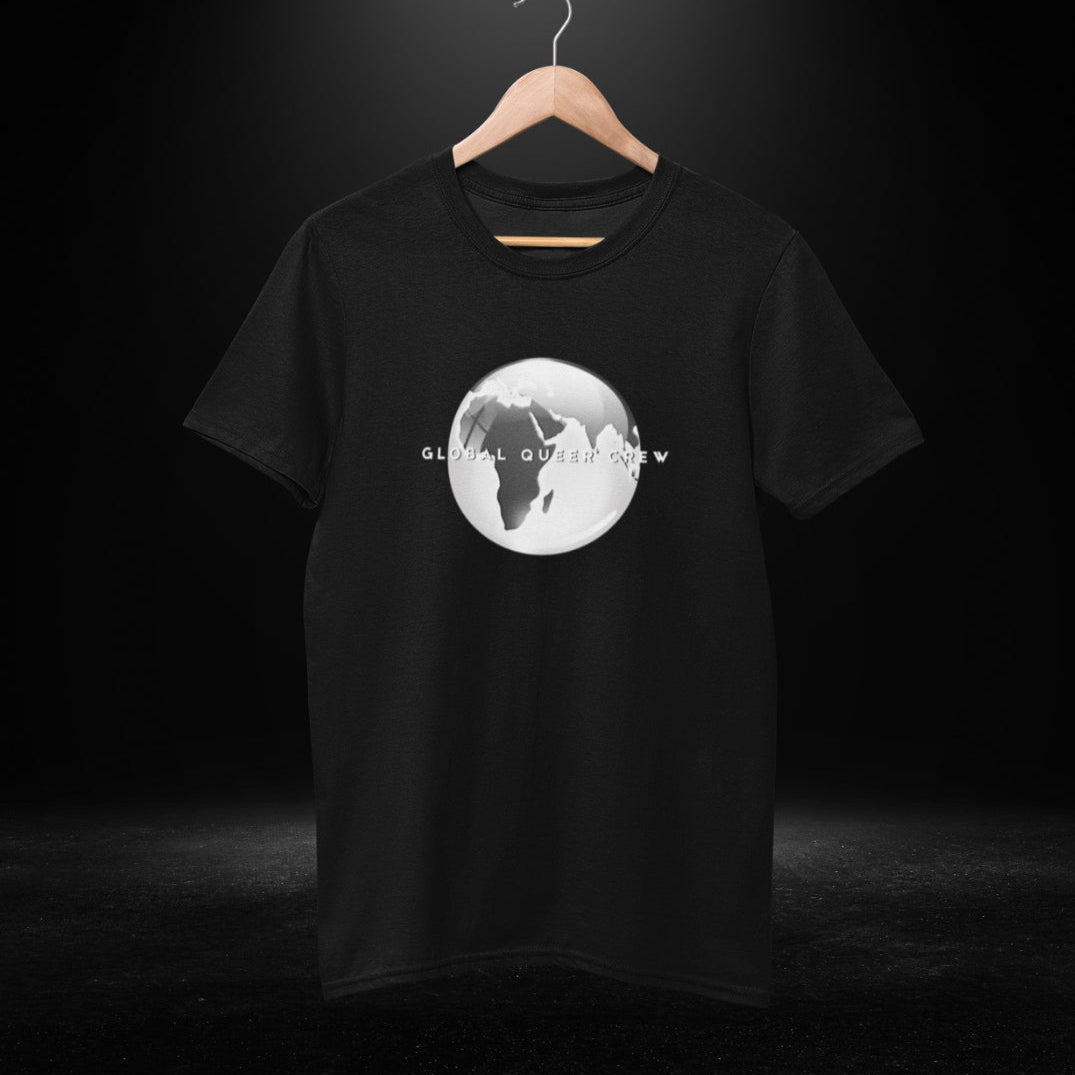 Global Queer Crew Black Tee - grey globe print