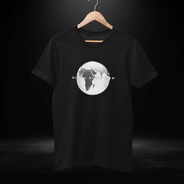 Global Queer Crew Black Tee - grey globe print
