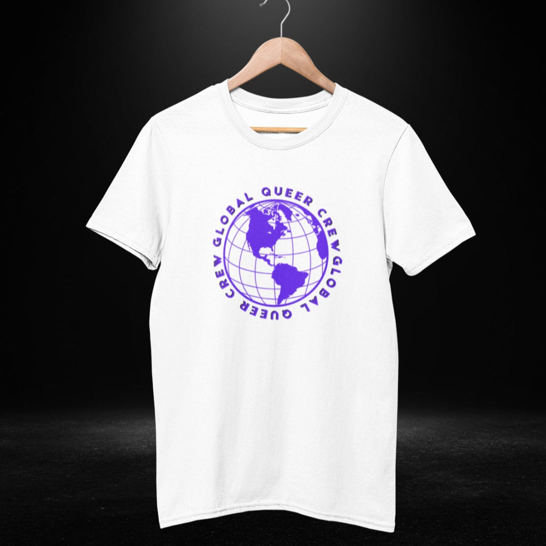 Global Queer Crew White Tee (purple globe)