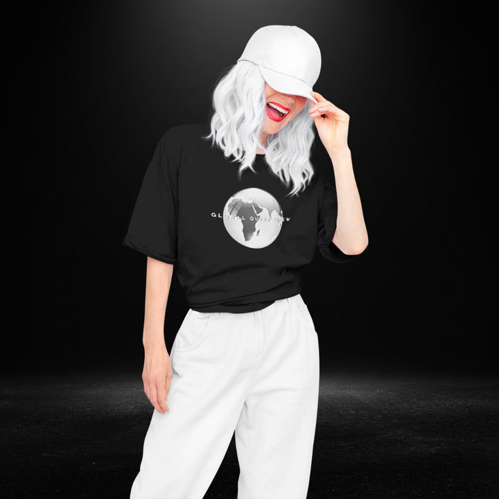 Global Queer Crew Black Tee - grey globe print