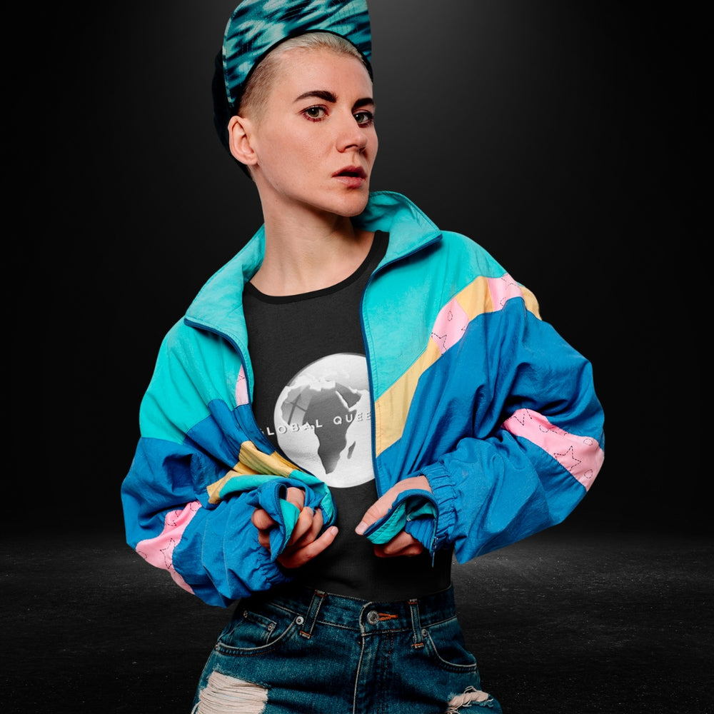 Global Queer Crew Black Tee - grey globe print