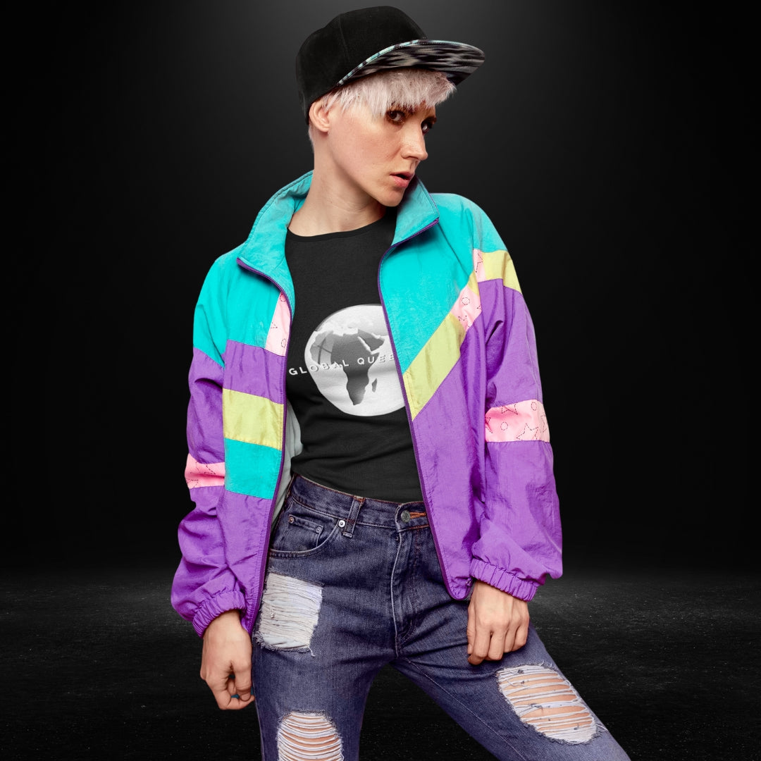 Global Queer Crew Black Tee - grey globe print