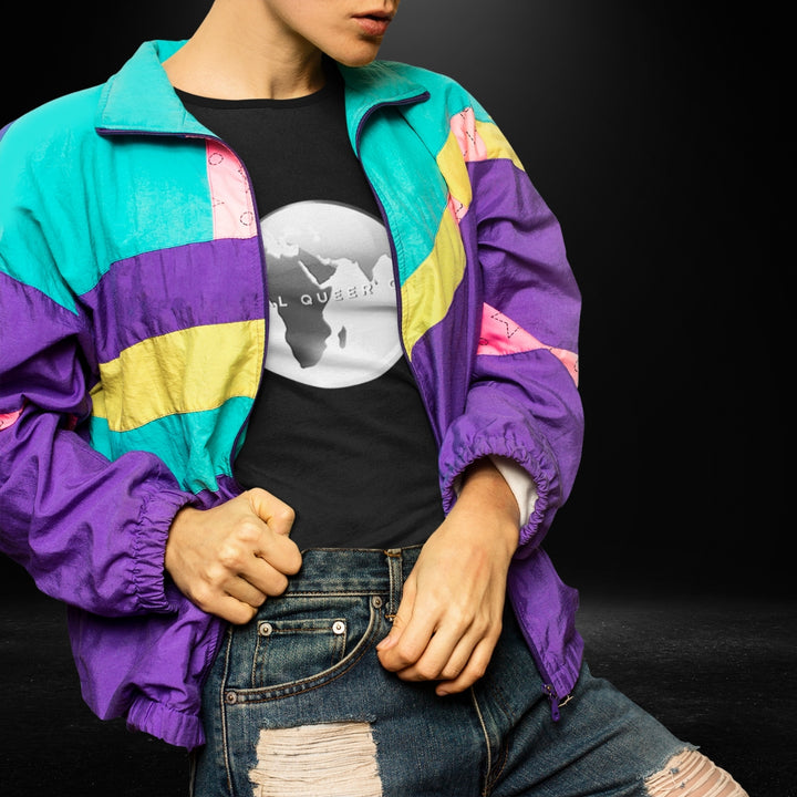 Global Queer Crew Black Tee - grey globe print