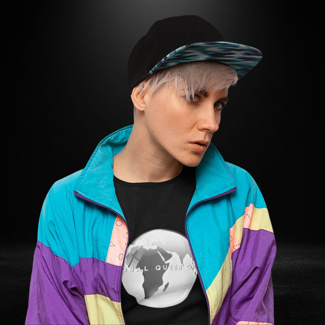 Global Queer Crew Black Tee - grey globe print