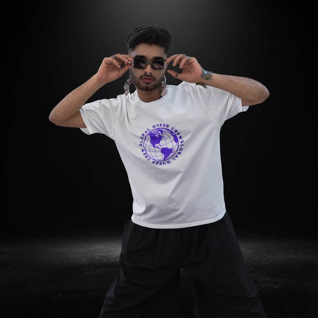 Global Queer Crew White Tee (purple globe)