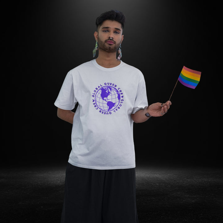 Global Queer Crew White Tee (purple globe)