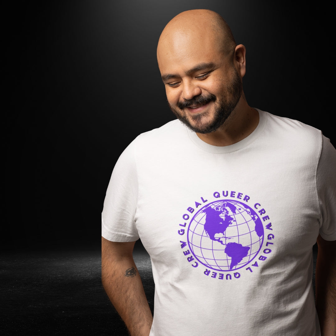 Global Queer Crew White Tee (purple globe)
