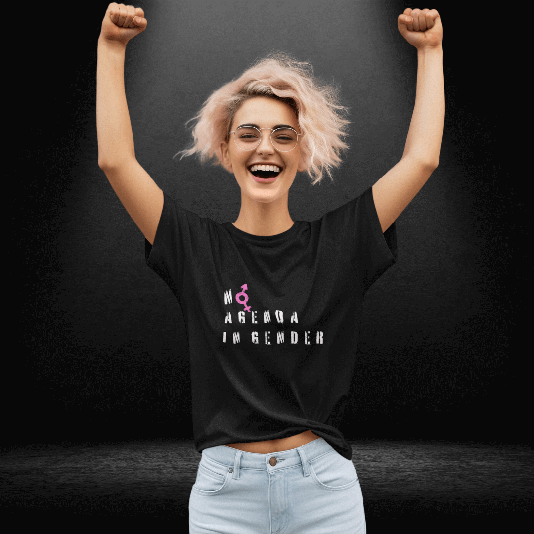 No Agenda in Gender (Pink) Black Tee - Bite Me Now