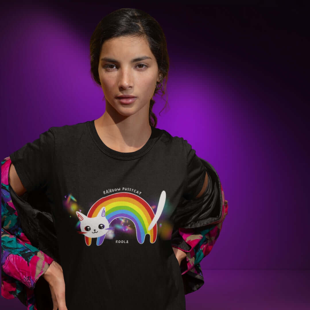 Rainbow PussyCat Black Tee - Bite Me Now