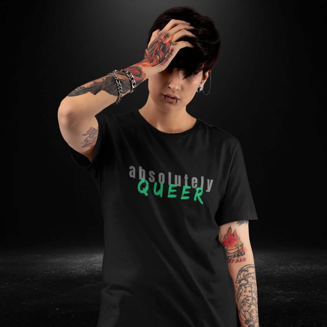 Absolutely Queer Black Tee Grey Print - Bite Me Now