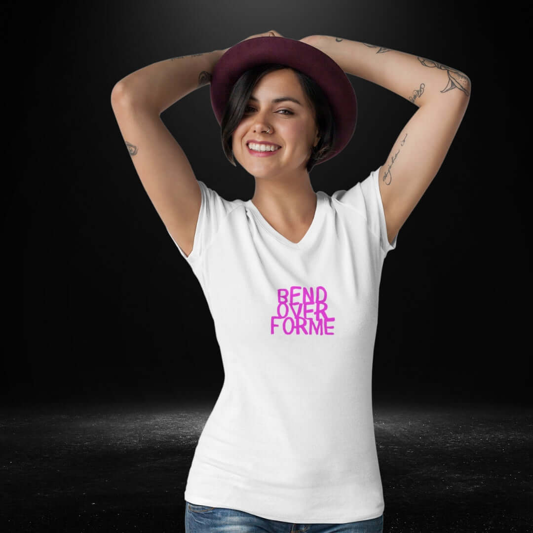 Bend Over For Me White V Neck Tee - Bite Me Harder