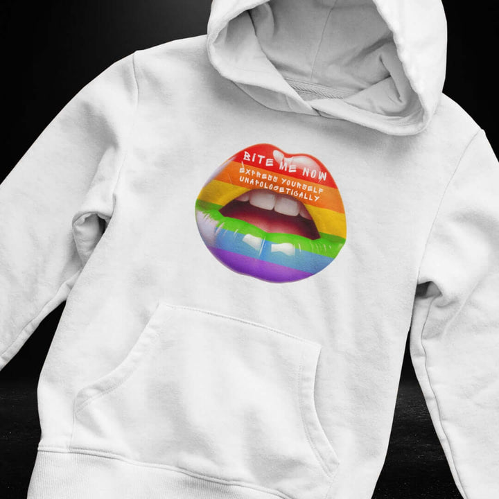 Bite Me Now Express Yourself Unapologetically White Hoodie 