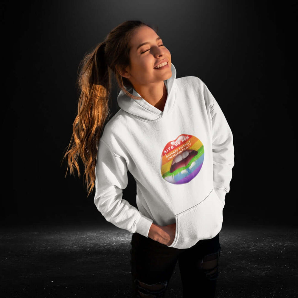 Bite Me Now Express Yourself Unapologetically White Hoodie 
