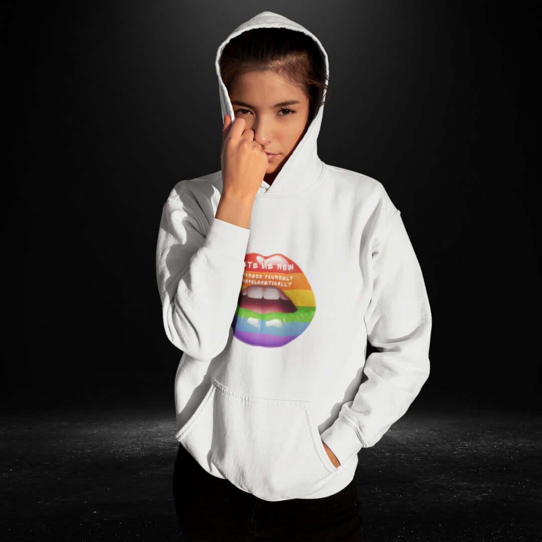 Bite Me Now Express Yourself Unapologetically White Hoodie 