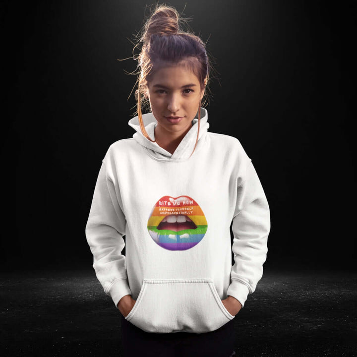 Bite Me Now Express Yourself Unapologetically White Hoodie 