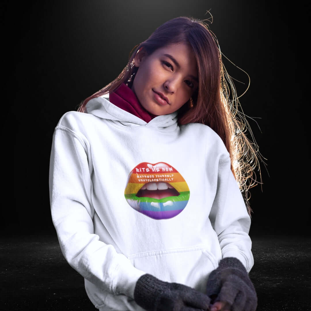 Bite Me Now Express Yourself Unapologetically White Hoodie 