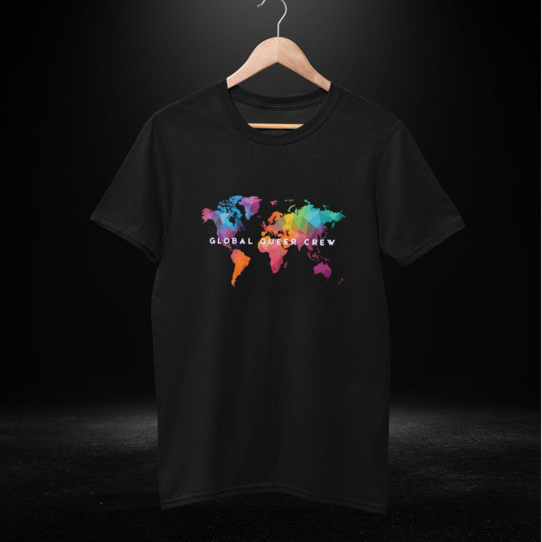 Global Queer Crew Black Tee - Coloured Map