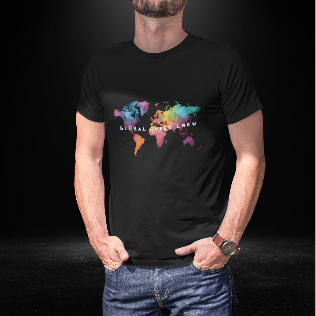 Global Queer Crew Black Tee - Coloured Map