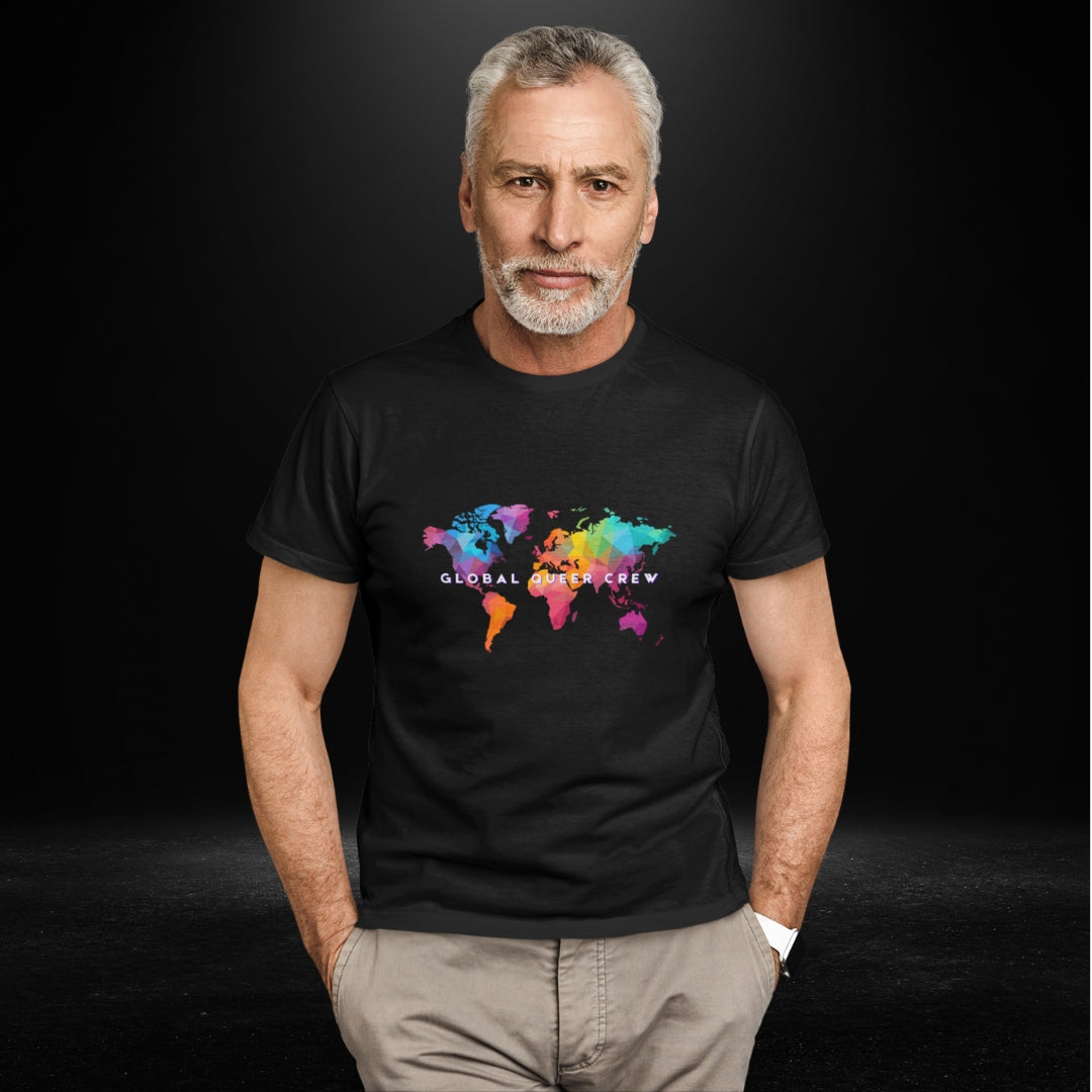 Global Queer Crew Black Tee - Coloured Map