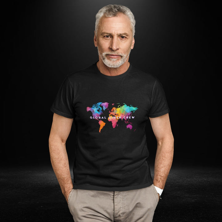Global Queer Crew Black Tee - Coloured Map