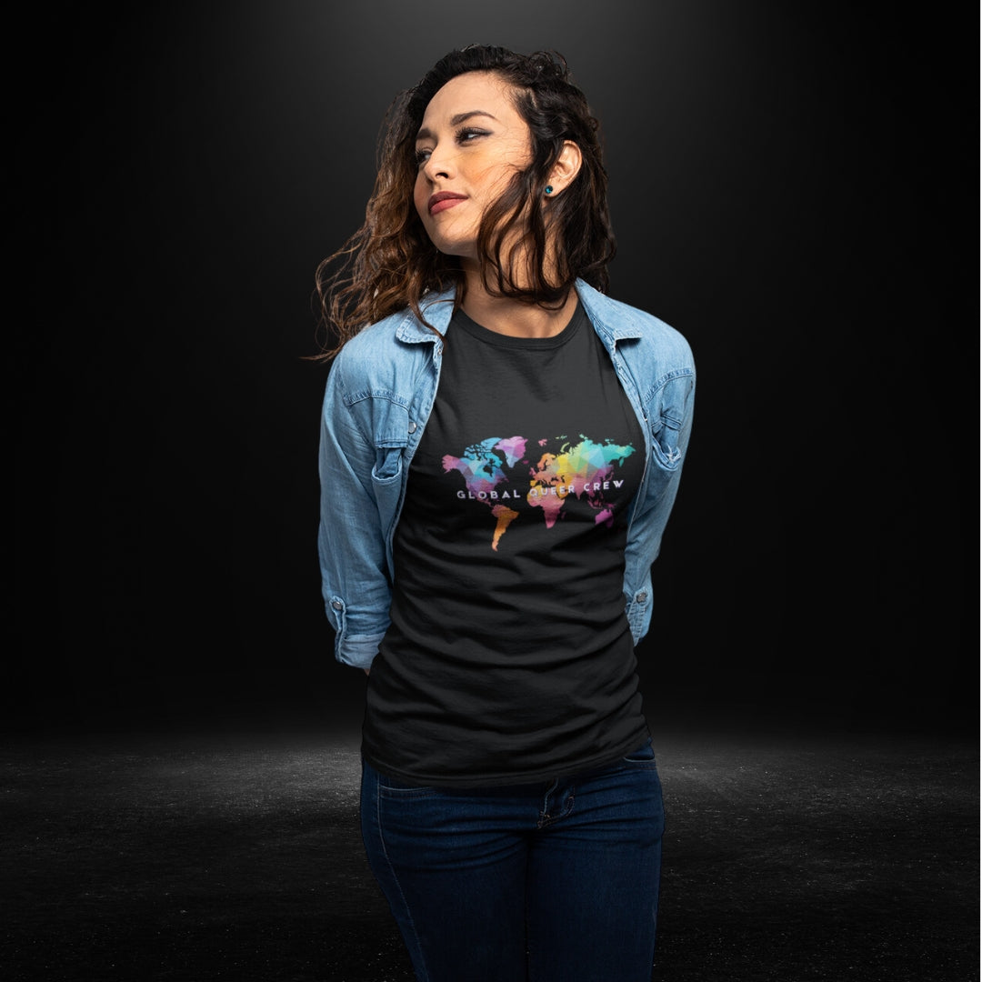 Global Queer Crew Black Tee - Coloured Map