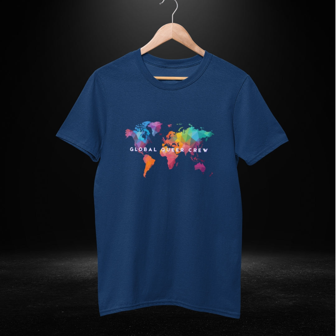 Global Queer Crew Navy Tee - Coloured Map