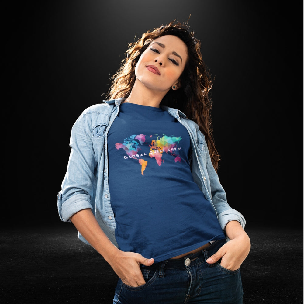 Global Queer Crew Navy Tee - Coloured Map