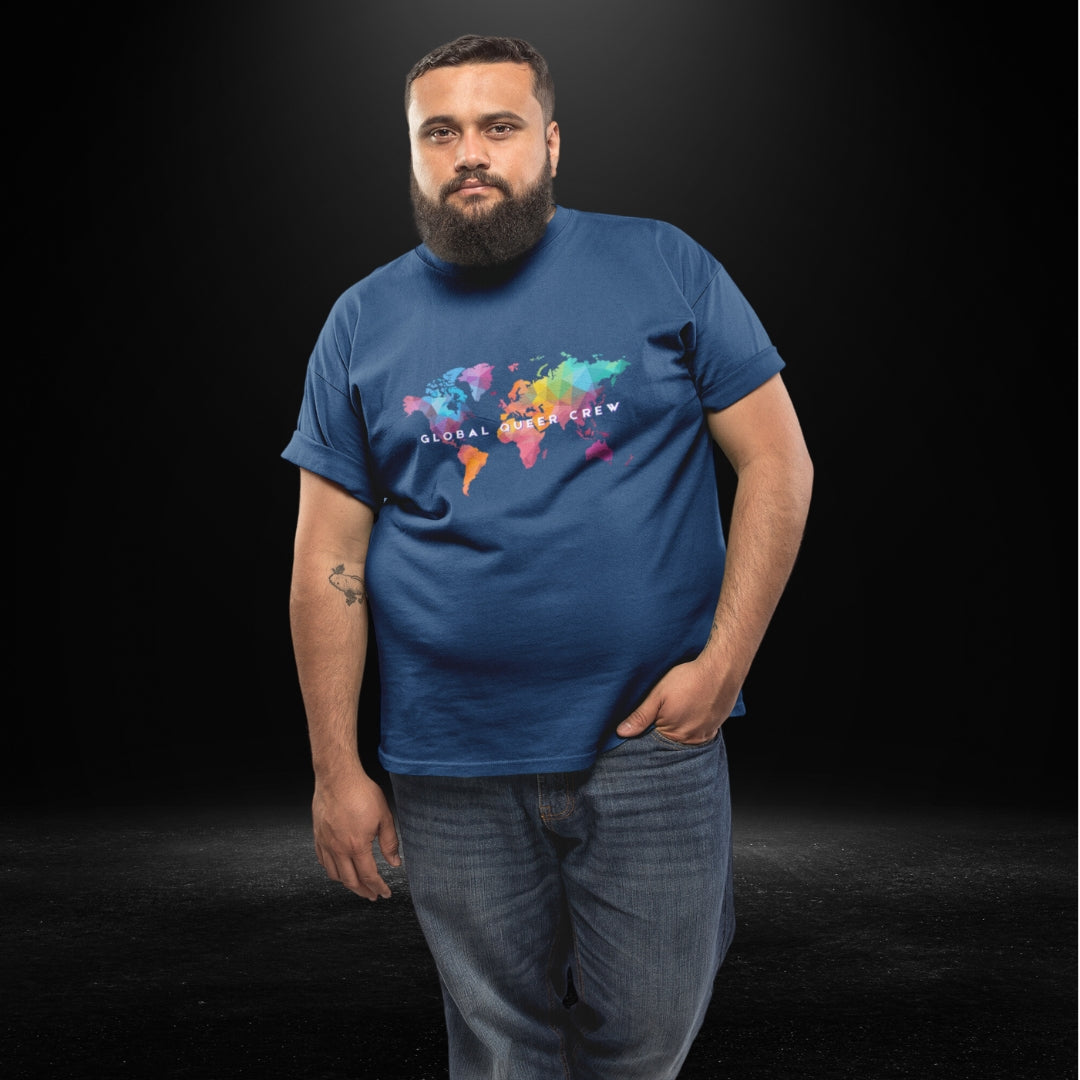 Global Queer Crew Navy Tee - Coloured Map