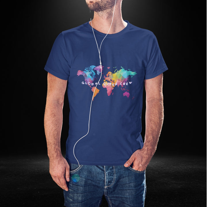Global Queer Crew Navy Tee - Coloured Map