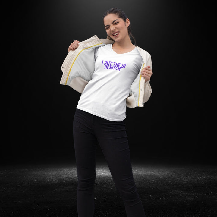 I Put The Bi in Bitch White V Neck Tee - Bite Me Now